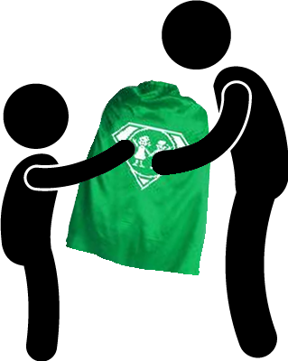 Adult giving a cape to a child
