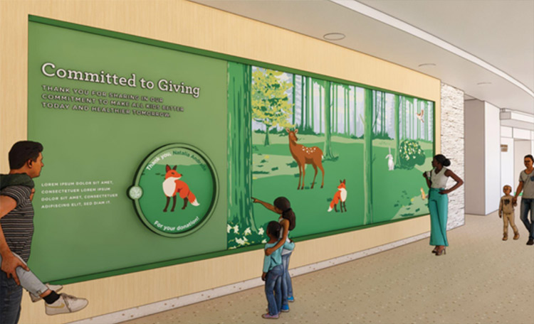 children interacting with a wall displaying a forest with various animals (deer, rabbit, fox, squirrel, bird)